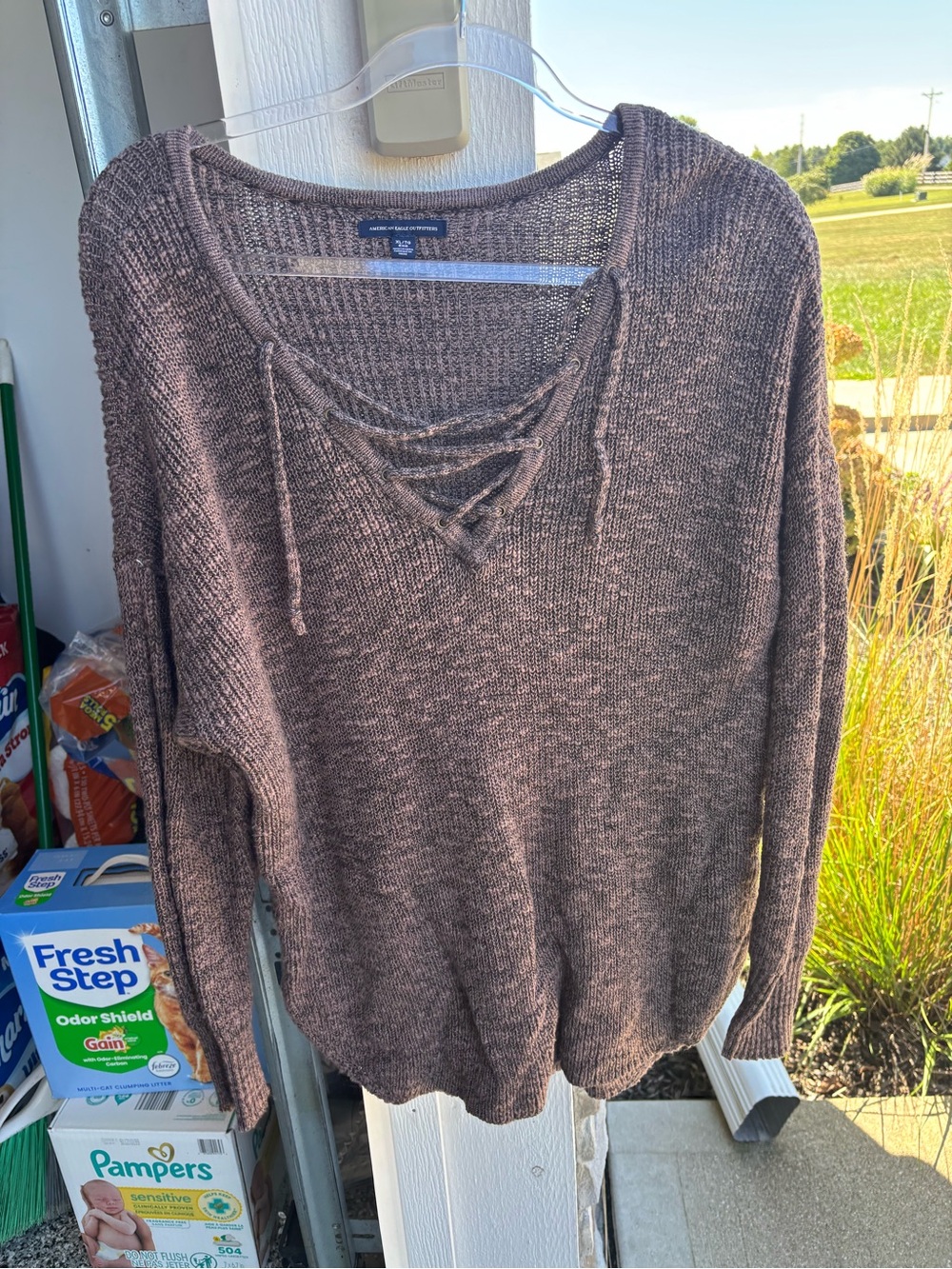 American Eagle Lace-Up Knit Sweater - Brown